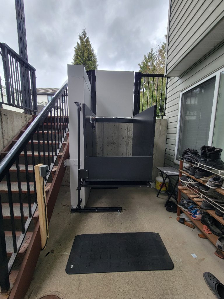Exterior Platform Lift Exterior platform lift used to move a wheelchair or walker from ground level to deck or porch above.